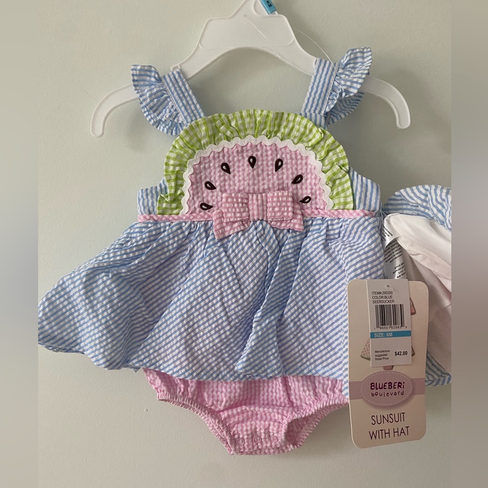 Blueberi Boulevard Blue Seersucker Sunsuit with Hat